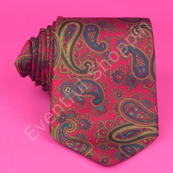 Vintage Burberry Tie Mens Red Silk Teardrop Paisley Grosgrain - Picture 2 of 4